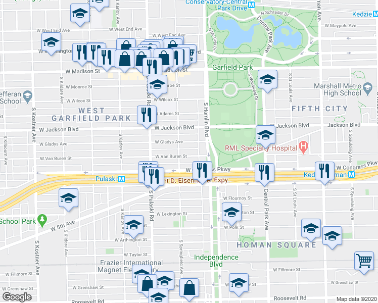 map of restaurants, bars, coffee shops, grocery stores, and more near 3820 West Van Buren Street in Chicago