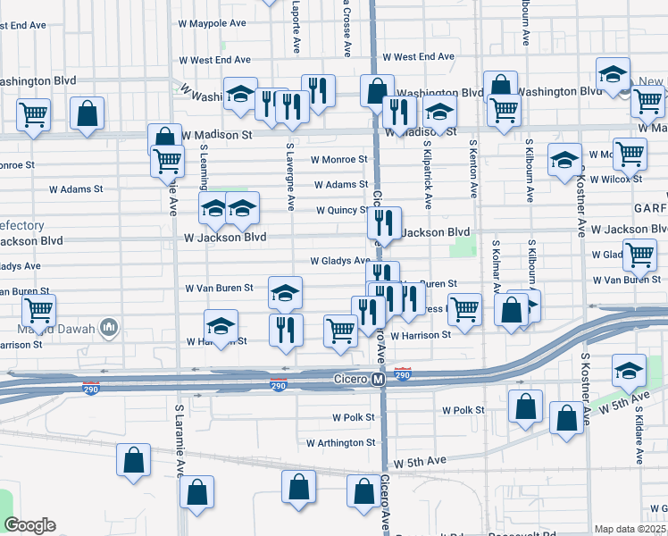 map of restaurants, bars, coffee shops, grocery stores, and more near 4849 West Gladys Avenue in Chicago
