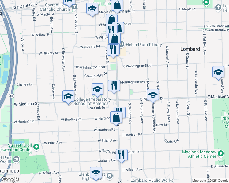 map of restaurants, bars, coffee shops, grocery stores, and more near 566 South Main Street in Lombard