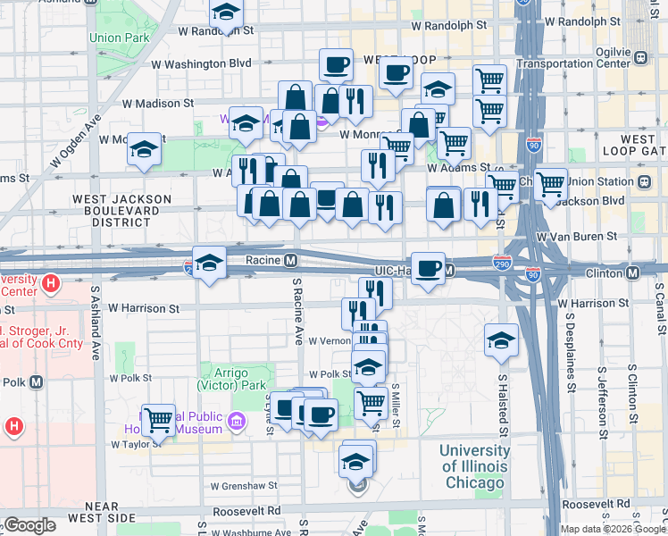 map of restaurants, bars, coffee shops, grocery stores, and more near 1112 West Congress Parkway in Chicago