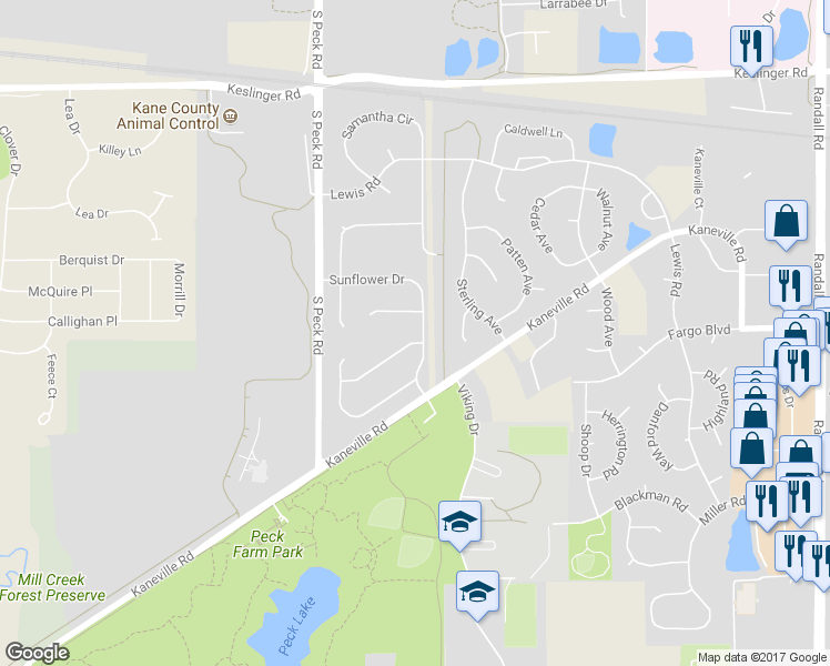 map of restaurants, bars, coffee shops, grocery stores, and more near 3401 Winding Meadow Lane in Geneva