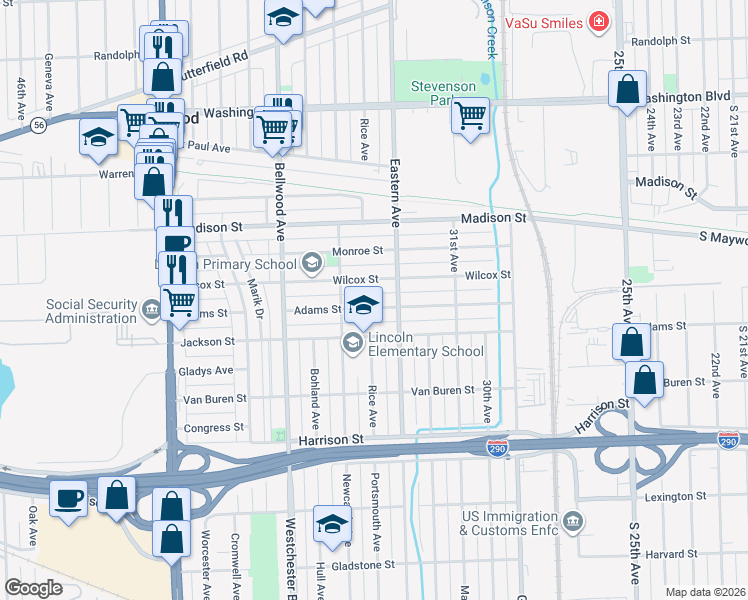 map of restaurants, bars, coffee shops, grocery stores, and more near 3327 Adams Street in Bellwood