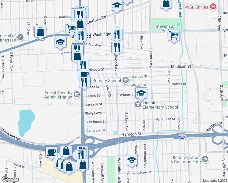 map of restaurants, bars, coffee shops, grocery stores, and more near 916 Marik Drive in Bellwood