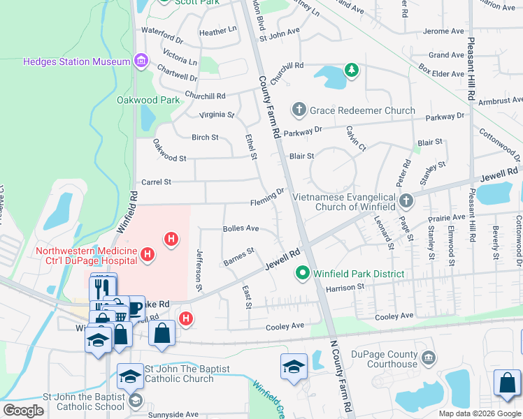 map of restaurants, bars, coffee shops, grocery stores, and more near 27W121 Fleming Drive in Winfield