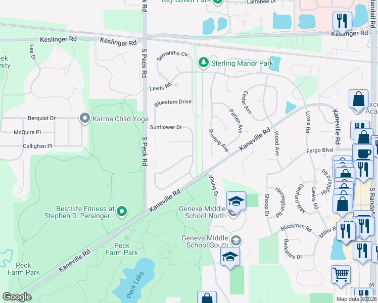 map of restaurants, bars, coffee shops, grocery stores, and more near 3401 Winding Meadow Lane in Geneva