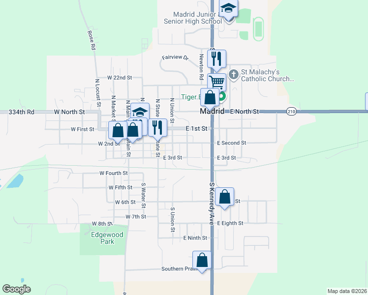 map of restaurants, bars, coffee shops, grocery stores, and more near 201-301 South Cedar Street in Madrid