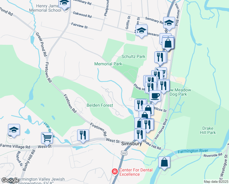 map of restaurants, bars, coffee shops, grocery stores, and more near 62 Library Lane in Simsbury