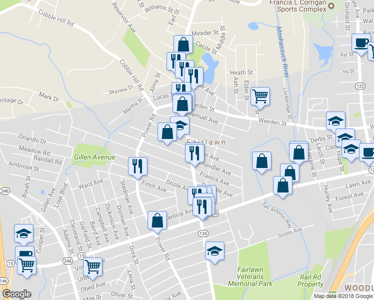 map of restaurants, bars, coffee shops, grocery stores, and more near 504 Smithfield Avenue in Pawtucket