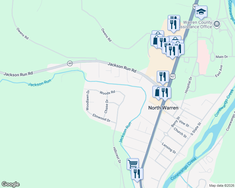 map of restaurants, bars, coffee shops, grocery stores, and more near 3 Woods Road in Warren