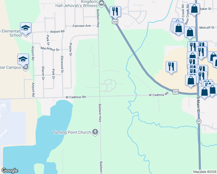map of restaurants, bars, coffee shops, grocery stores, and more near 2101 Lakewood Drive in Adrian