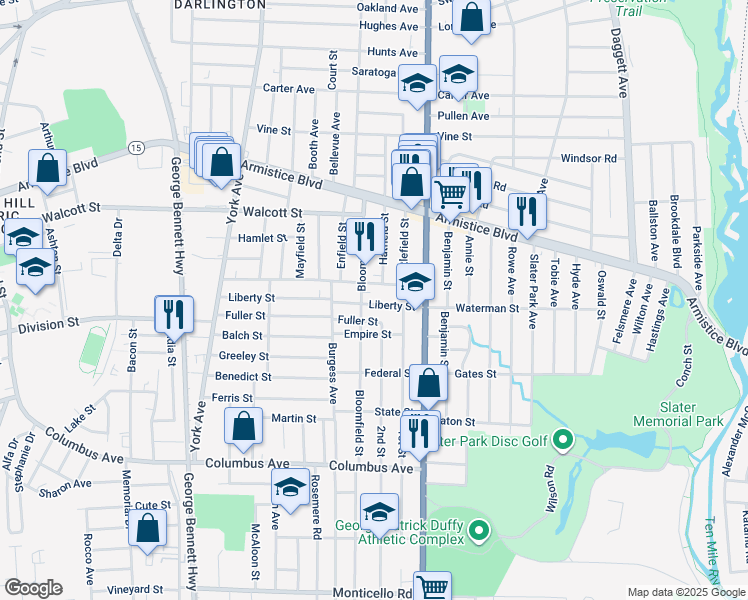 map of restaurants, bars, coffee shops, grocery stores, and more near 202 Liberty Street in Pawtucket