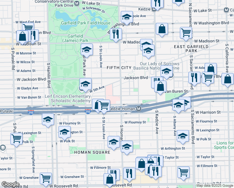 map of restaurants, bars, coffee shops, grocery stores, and more near 3410 West Van Buren Street in Chicago