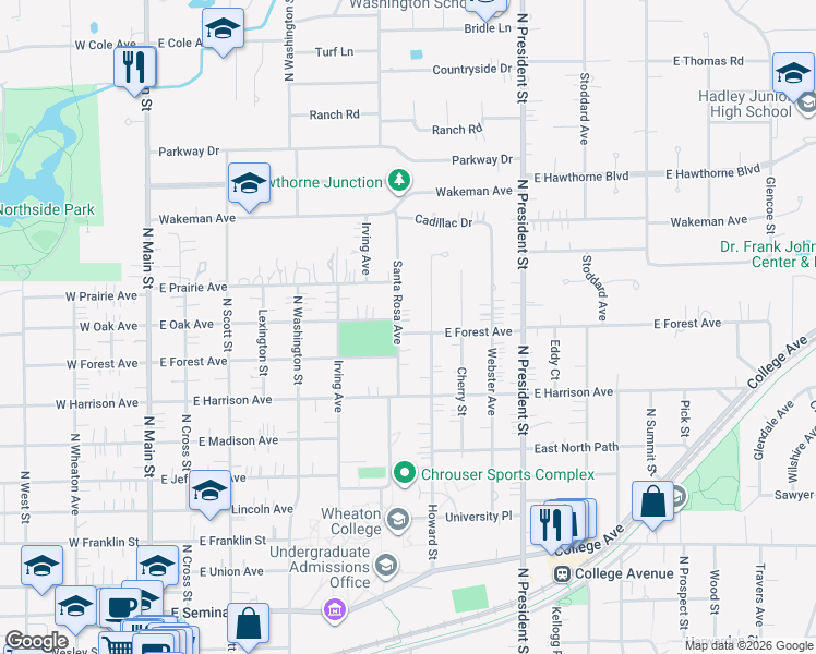 map of restaurants, bars, coffee shops, grocery stores, and more near 603 East Forest Avenue in Wheaton