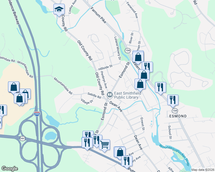 map of restaurants, bars, coffee shops, grocery stores, and more near 5 Penbryn Avenue in Smithfield
