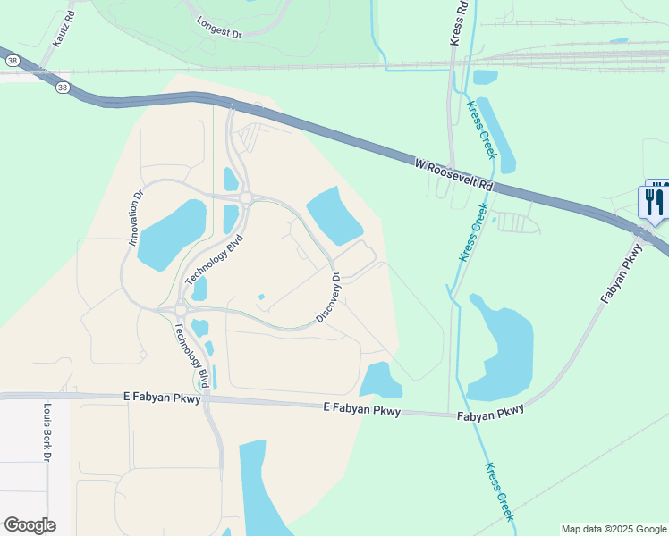map of restaurants, bars, coffee shops, grocery stores, and more near Discovery Drive in West Chicago