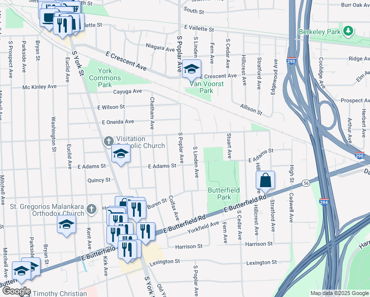 map of restaurants, bars, coffee shops, grocery stores, and more near 787 South Poplar Avenue in Elmhurst