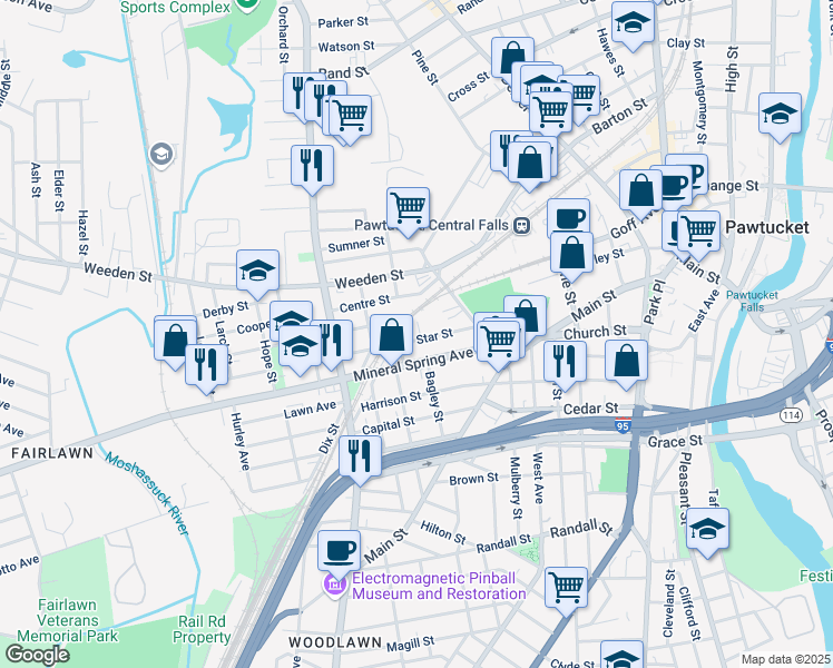 map of restaurants, bars, coffee shops, grocery stores, and more near 48 Star Street in Pawtucket