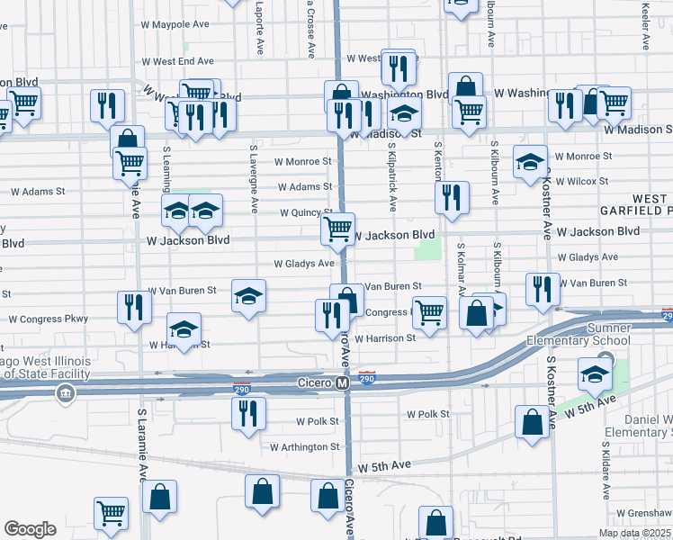 map of restaurants, bars, coffee shops, grocery stores, and more near 340 South Cicero Avenue in Chicago