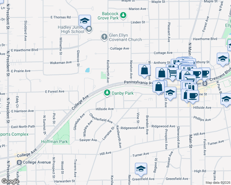 map of restaurants, bars, coffee shops, grocery stores, and more near 310 Duane Street in Glen Ellyn