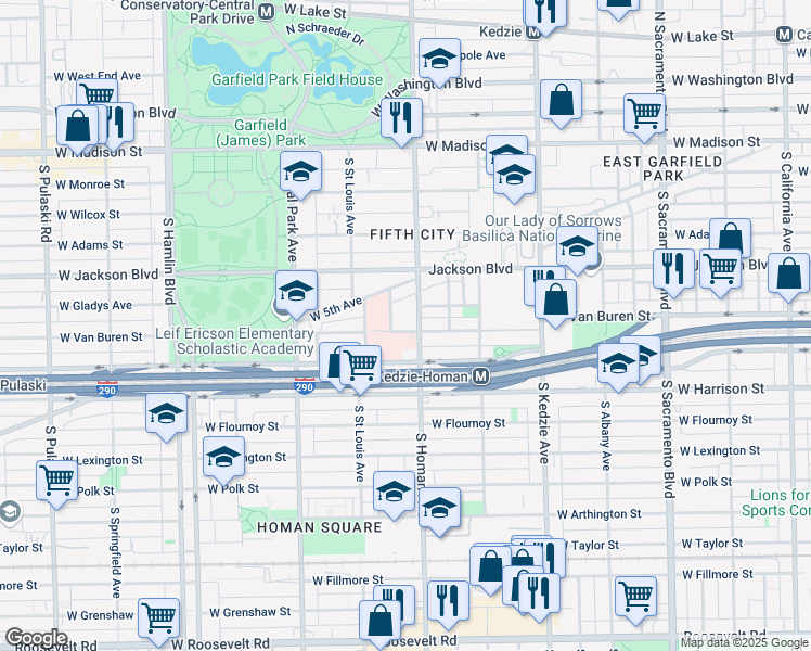 map of restaurants, bars, coffee shops, grocery stores, and more near 3410 West Van Buren Street in Chicago