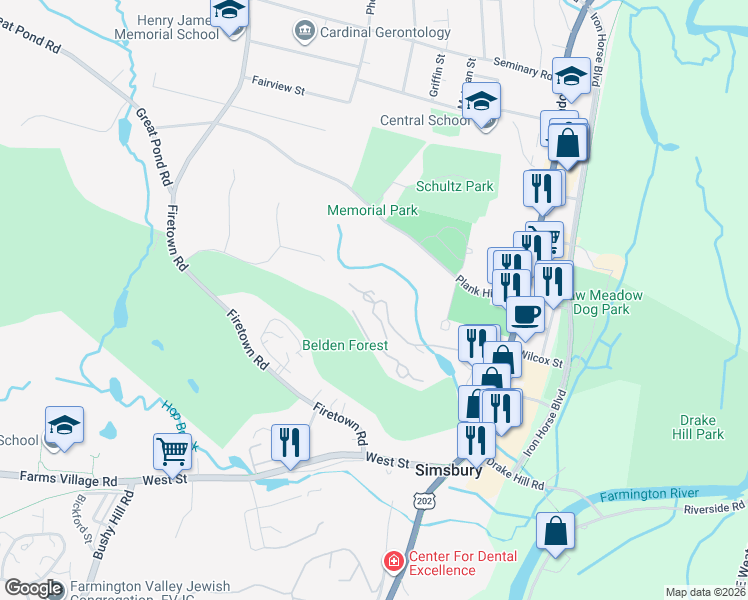 map of restaurants, bars, coffee shops, grocery stores, and more near 38 Forest Hill Drive in Simsbury