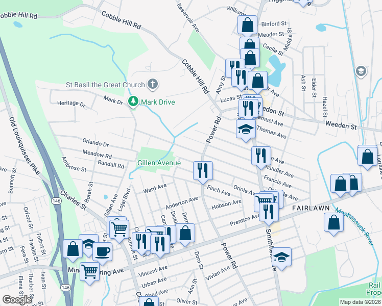 map of restaurants, bars, coffee shops, grocery stores, and more near 480 Power Road in Pawtucket