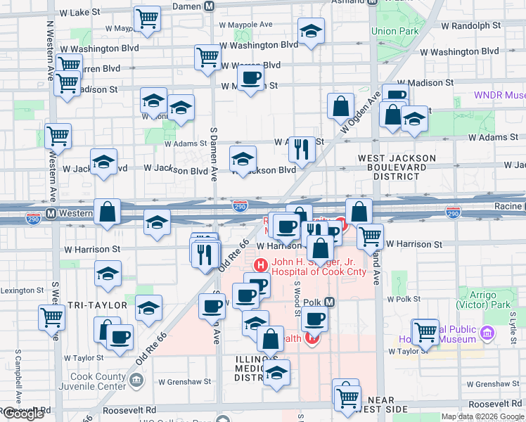 map of restaurants, bars, coffee shops, grocery stores, and more near 430 South Damen Avenue in Chicago