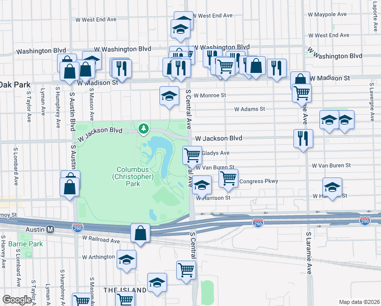 map of restaurants, bars, coffee shops, grocery stores, and more near 325 South Central Avenue in Chicago