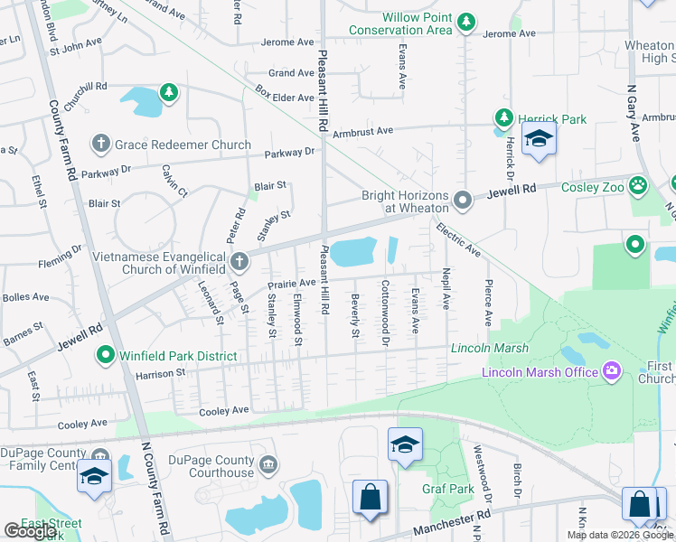 map of restaurants, bars, coffee shops, grocery stores, and more near 26W166 Prairie Avenue in Wheaton