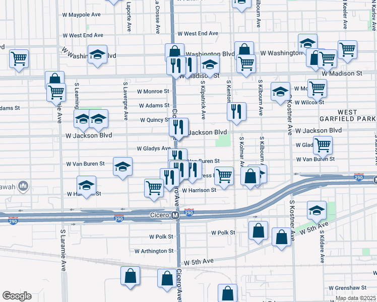 map of restaurants, bars, coffee shops, grocery stores, and more near 4733 West Gladys Avenue in Chicago