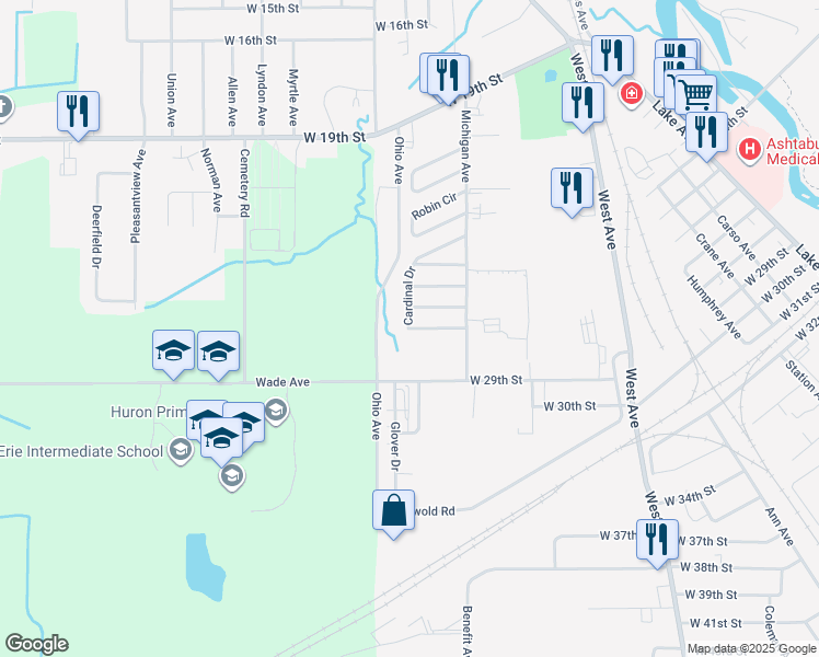 map of restaurants, bars, coffee shops, grocery stores, and more near 2198 Eagle Dr in Ashtabula