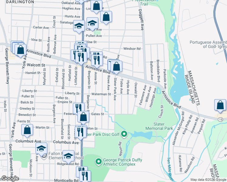 map of restaurants, bars, coffee shops, grocery stores, and more near 90 Rowe Avenue in Pawtucket