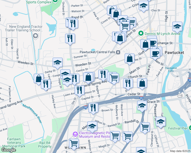 map of restaurants, bars, coffee shops, grocery stores, and more near 48 Star Street in Pawtucket