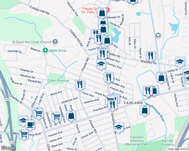 map of restaurants, bars, coffee shops, grocery stores, and more near 18 Chandler Avenue in Pawtucket