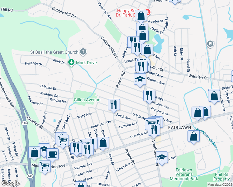 map of restaurants, bars, coffee shops, grocery stores, and more near 480 Power Road in Pawtucket