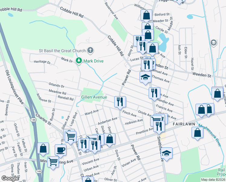 map of restaurants, bars, coffee shops, grocery stores, and more near 480 Power Road in Pawtucket