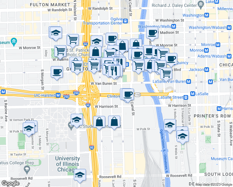 map of restaurants, bars, coffee shops, grocery stores, and more near 511 West Congress Parkway in Chicago