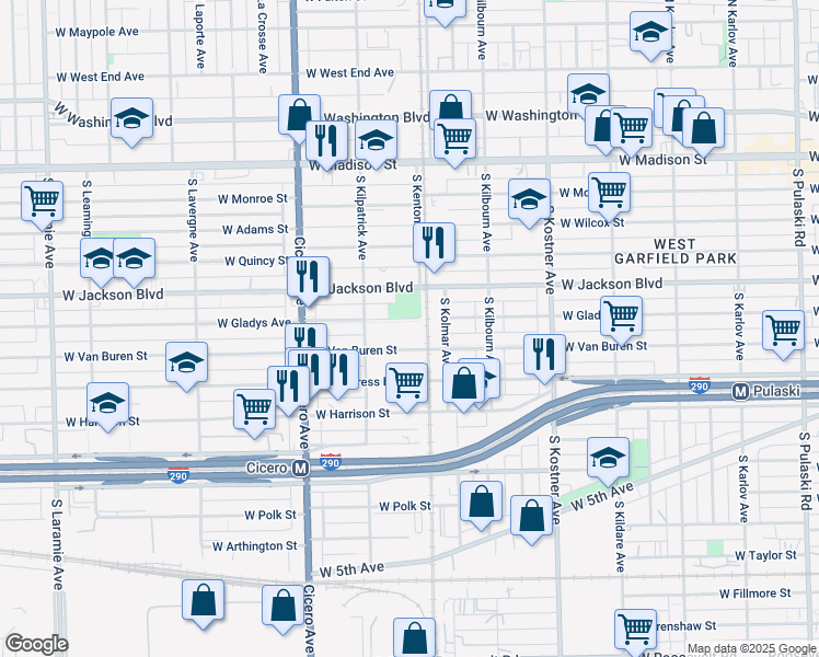 map of restaurants, bars, coffee shops, grocery stores, and more near 4620 West Van Buren Street in Chicago