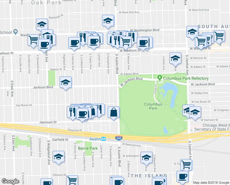 map of restaurants, bars, coffee shops, grocery stores, and more near 724 South Humphrey Avenue in Oak Park