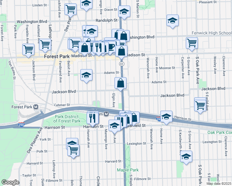 map of restaurants, bars, coffee shops, grocery stores, and more near 610 Elgin Avenue in Forest Park