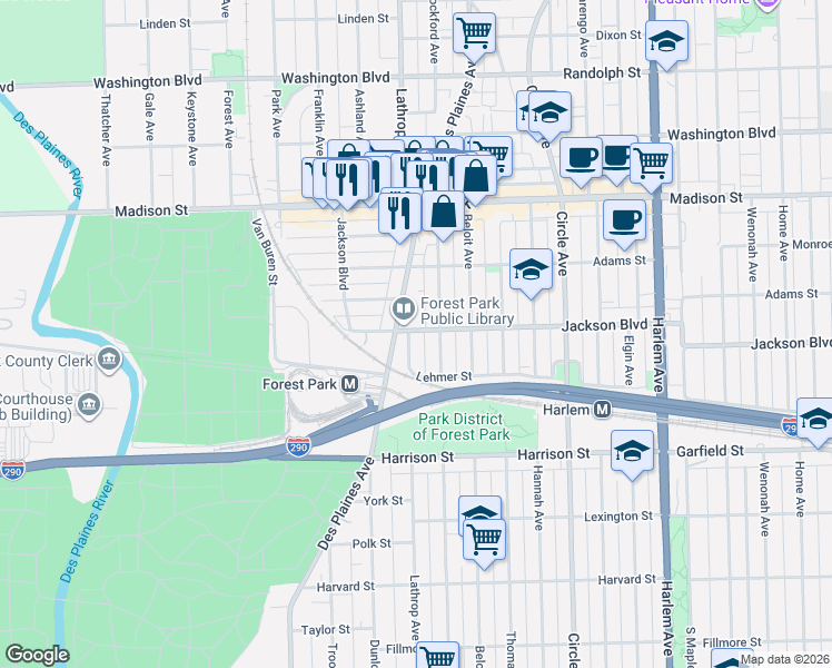 map of restaurants, bars, coffee shops, grocery stores, and more near 7556 Jackson Boulevard in Forest Park