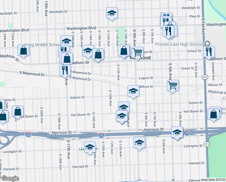 map of restaurants, bars, coffee shops, grocery stores, and more near 1242 South 12th Avenue in Maywood