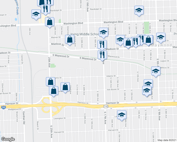 map of restaurants, bars, coffee shops, grocery stores, and more near 1234 South 19th Avenue in Maywood