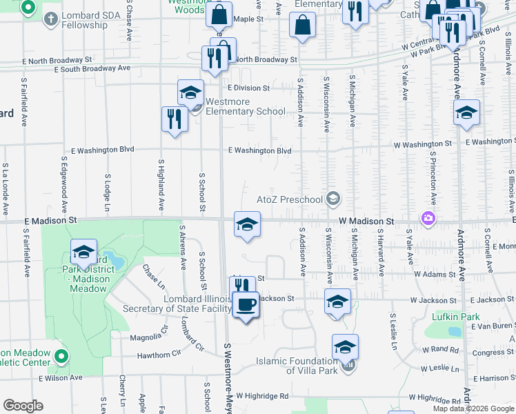 map of restaurants, bars, coffee shops, grocery stores, and more near 1042 East Madison Street in Lombard
