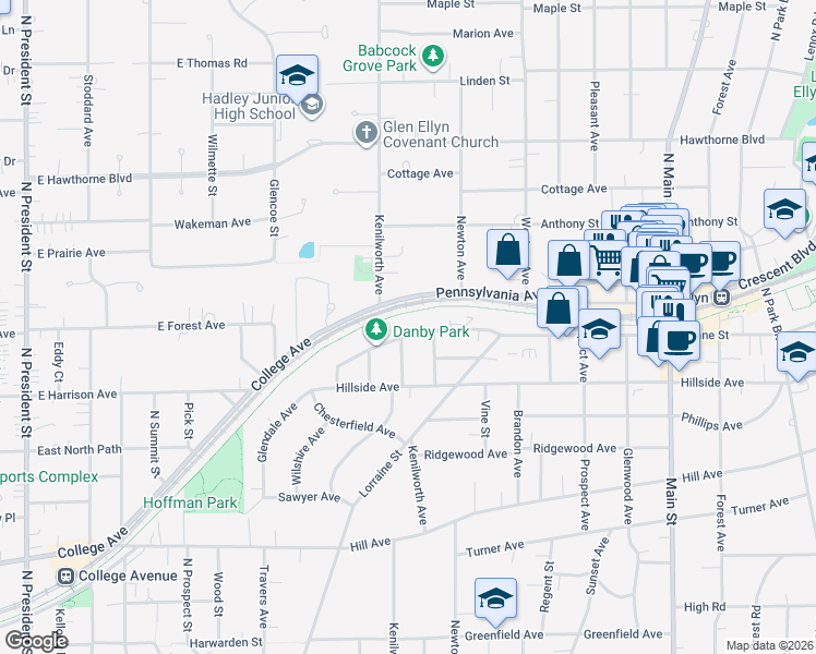 map of restaurants, bars, coffee shops, grocery stores, and more near 310 Duane Street in Glen Ellyn