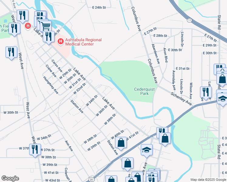 map of restaurants, bars, coffee shops, grocery stores, and more near 352 West 35th Street in Ashtabula