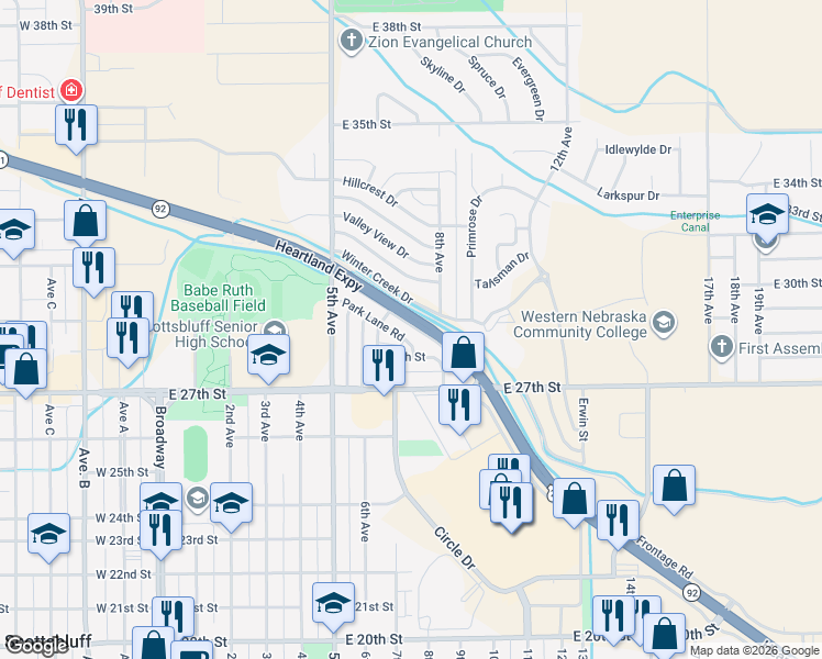 map of restaurants, bars, coffee shops, grocery stores, and more near 2813 Park Lane Road in Scottsbluff