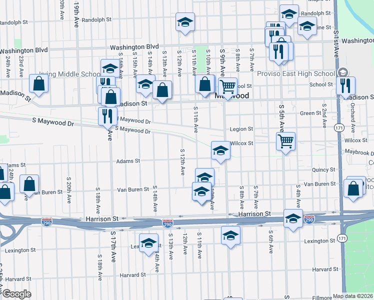 map of restaurants, bars, coffee shops, grocery stores, and more near 1242 South 12th Avenue in Maywood