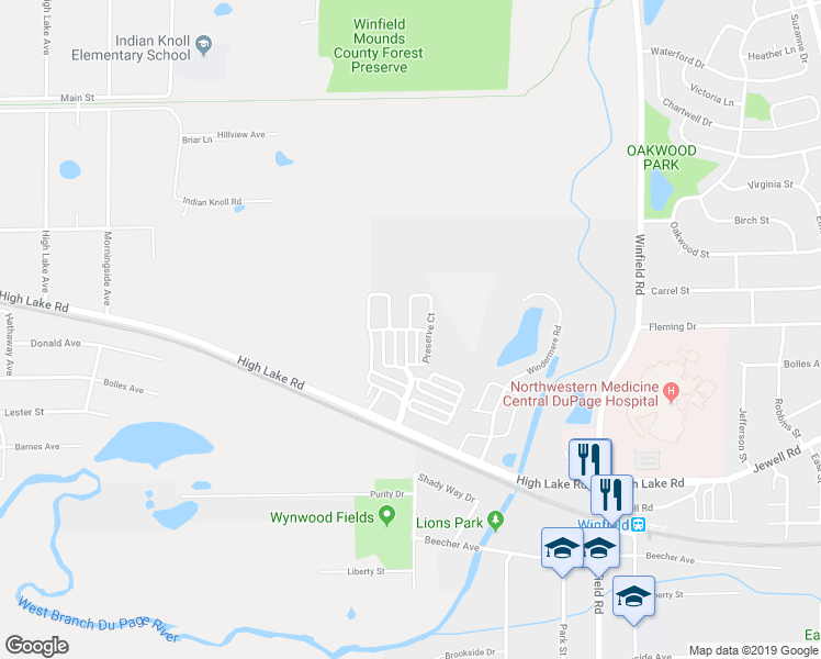 map of restaurants, bars, coffee shops, grocery stores, and more near Forsythe Court in Winfield