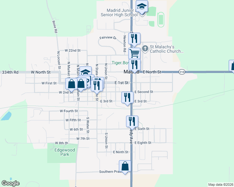 map of restaurants, bars, coffee shops, grocery stores, and more near 201 South Cedar Street in Madrid